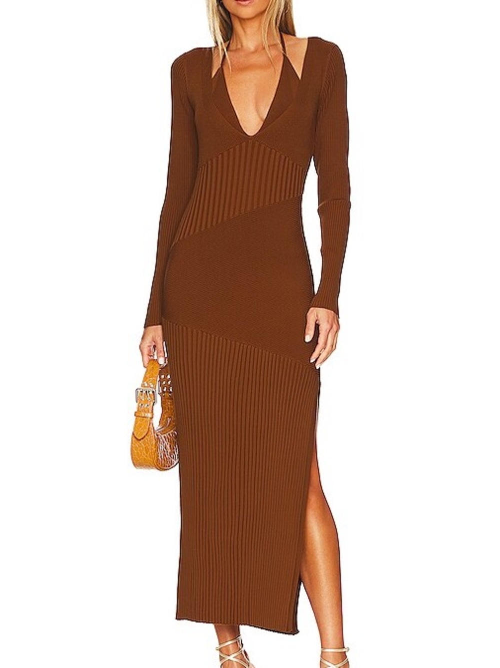 NICHOLAS Brown Ribbed V-Neck Long Sleeve Midi Dress